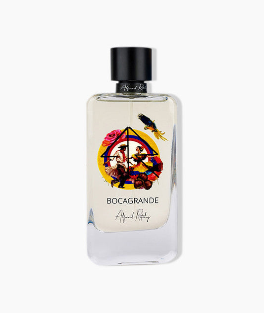 Perfume bottle with colorful label featuring people and a star design on a white background