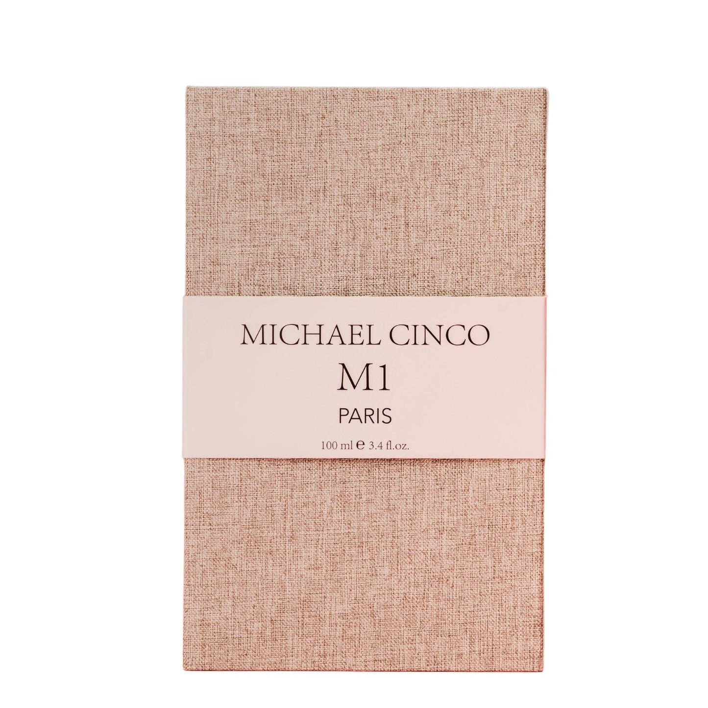 A beige textured rectangular box with a white band labeled Fragrapedia Haus M1 Eau de Parfum 100 ml, exuding a refined floral fragrance of rose and jasmine.