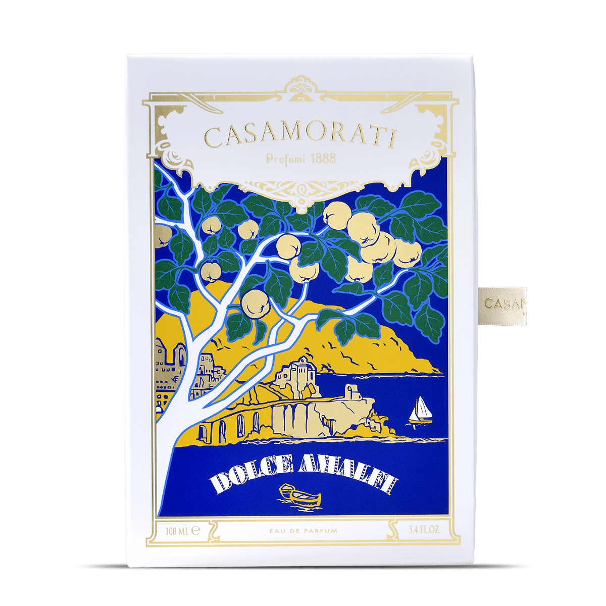 Box of XERJOFF Casamorati 1888 Dolce Amalfi Eau de Parfum (100ml) with a coastal scene—lemons, blue sea, cliffs, sailboat, and gold-trimmed label. This scent delights with oriental spicy notes.