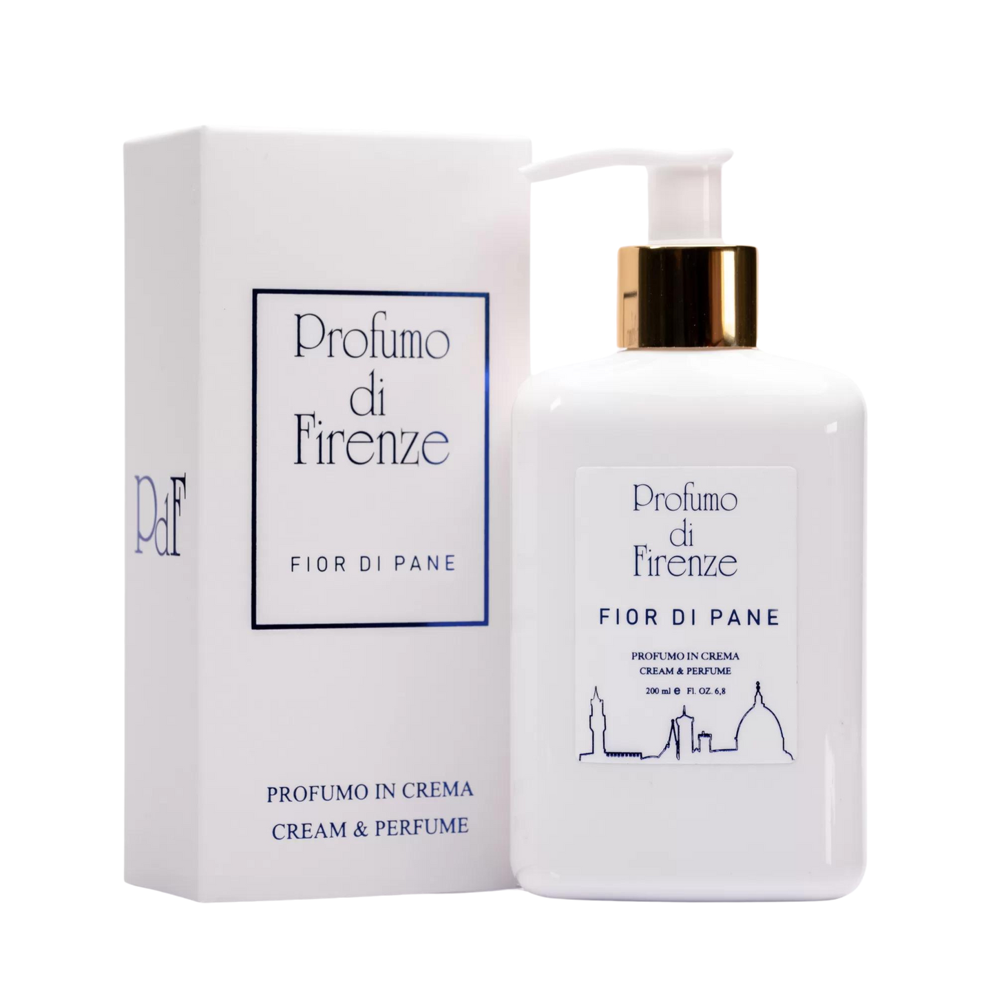 A white pump bottle labeled Profumo Di Firenze BUONTALENTI "GOOD TALENTS" BODY LOTION stands by its matching box, both displaying blue text and a Florence skyline outline, evoking the scent’s warm vanilla sweetness on a white background.