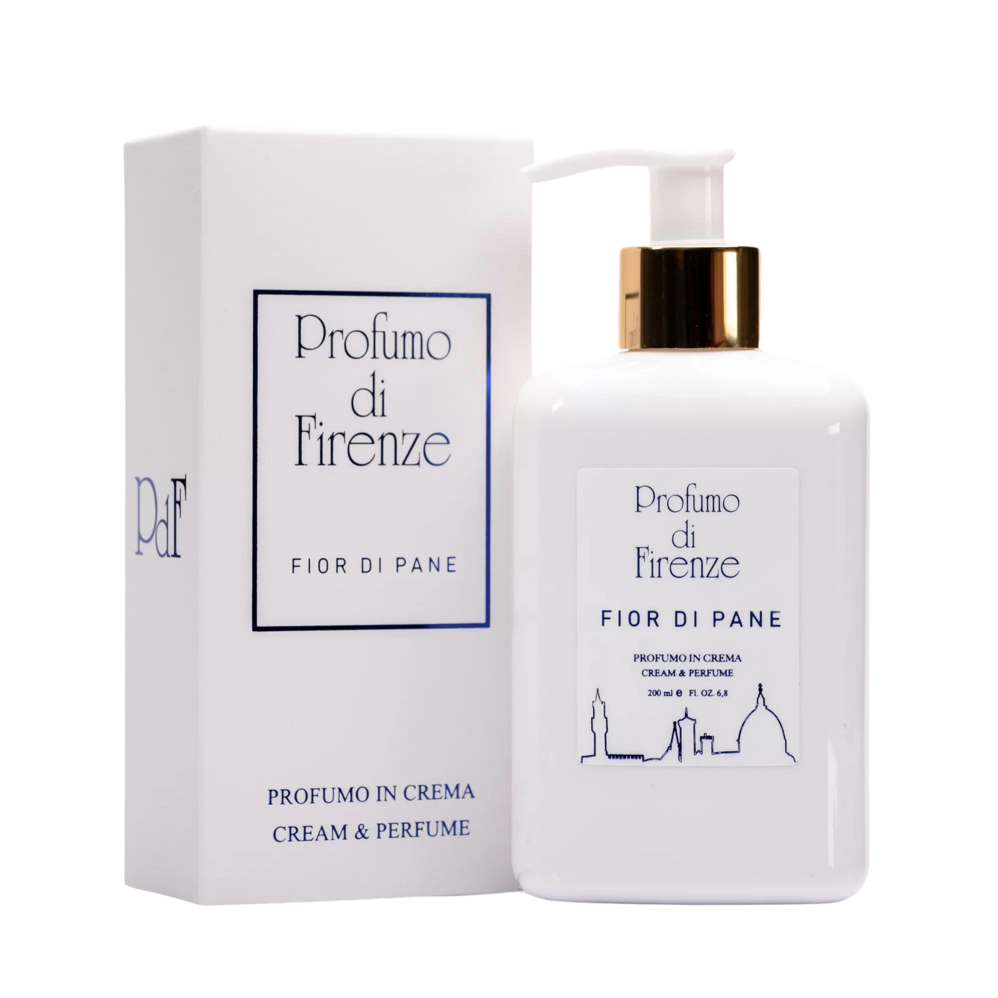A white pump bottle labeled Profumo Di Firenze BUONTALENTI "GOOD TALENTS" BODY LOTION stands by its matching box, both displaying blue text and a Florence skyline outline, evoking the scent’s warm vanilla sweetness on a white background.
