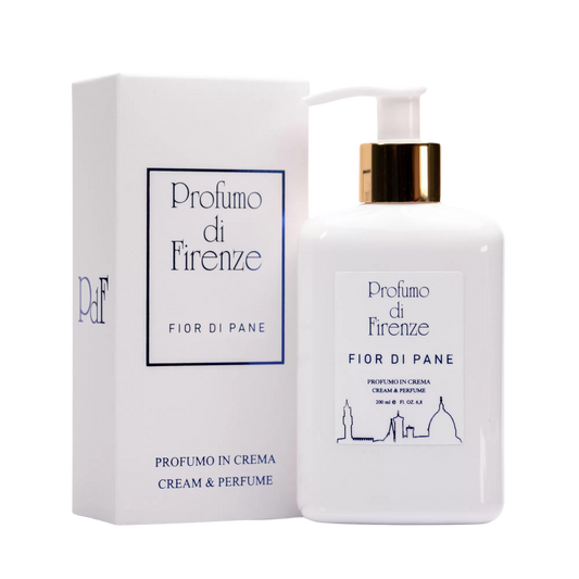 A white pump bottle labeled Profumo Di Firenze BUONTALENTI "GOOD TALENTS" BODY LOTION stands by its matching box, both displaying blue text and a Florence skyline outline, evoking the scent’s warm vanilla sweetness on a white background.
