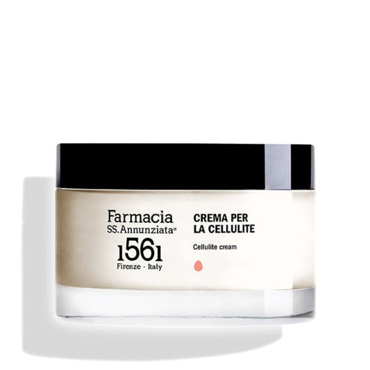 A jar of Farmacia SS. Annunziata 1561 Cellulite cream "CREMA PER LA CELLULITE" with a black lid and white label showing the product name, made in Florence, Italy, displayed against a white background.