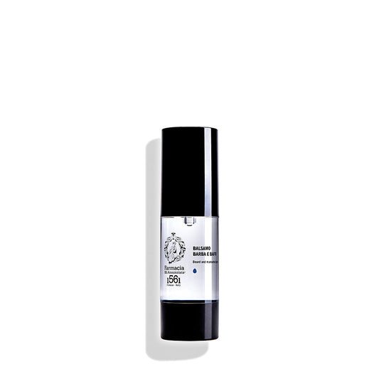 A black and clear pump bottle of Farmacia SS. Annunziata 1561 Beard and Mustache Balm "BALSAMO BARBA E BAFFI" stands upright on a white background with a soft left shadow, offering beard hydration with hyaluronic acid.
