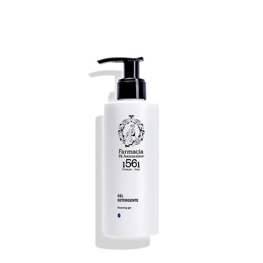 A white bottle with a black pump, labeled Farmacia SS. Annunziata 1561 Cleansing Gel "GEL DETERGENTE"—ideal as a facial cleanser for oily skin.