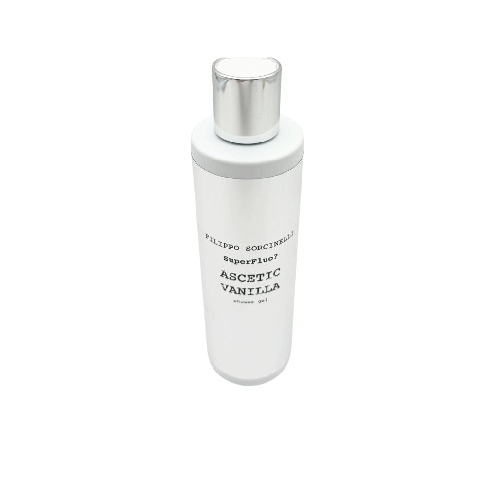 A 250 ml white bottle with a silver cap of Filippo Sorcinelli SUPERFLUO ASCETIC VANILLA SHOWER GEL is shown on a plain white background.