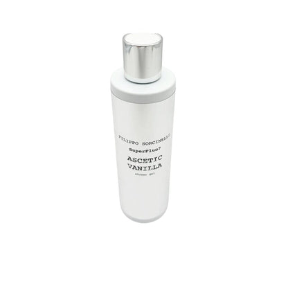 A 250 ml white bottle with a silver cap of Filippo Sorcinelli SUPERFLUO ASCETIC VANILLA SHOWER GEL is shown on a plain white background.