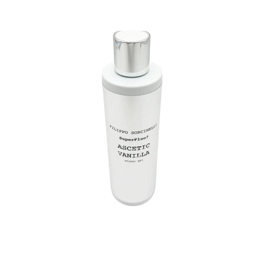 A 250 ml white bottle with a silver cap of Filippo Sorcinelli SUPERFLUO ASCETIC VANILLA SHOWER GEL is shown on a plain white background.