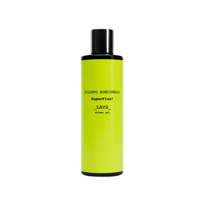 A bright yellow-green Filippo Sorcinelli SUPERFLUO LAVS SHOWER GEL with a black cap, inspired by incense, stands out against a white background.