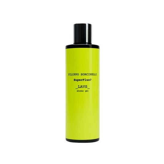 A bright yellow-green Filippo Sorcinelli SUPERFLUO LAVS SHOWER GEL with a black cap, inspired by incense, stands out against a white background.