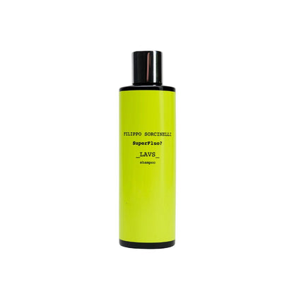 A lime green bottle with a black cap labeled "SUPERFLUO LAVS SHAMPOO - Filippo Sorcinelli" stands upright on a white background, offering gentle cleansing and the unique LAVS scent from Filippo Sorcinelli.