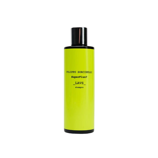 A lime green bottle with a black cap labeled "SUPERFLUO LAVS SHAMPOO - Filippo Sorcinelli" stands upright on a white background, offering gentle cleansing and the unique LAVS scent from Filippo Sorcinelli.
