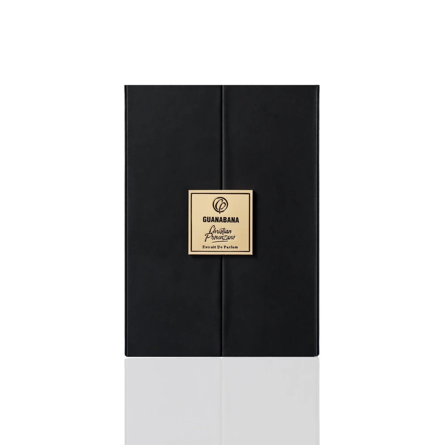 A sleek black box with a gold square label reading "Guanabana Extrait de Parfum - Christian Provenzano" sits against a plain white background, reflecting the fragrance's elegant, Oriental Spicy character.