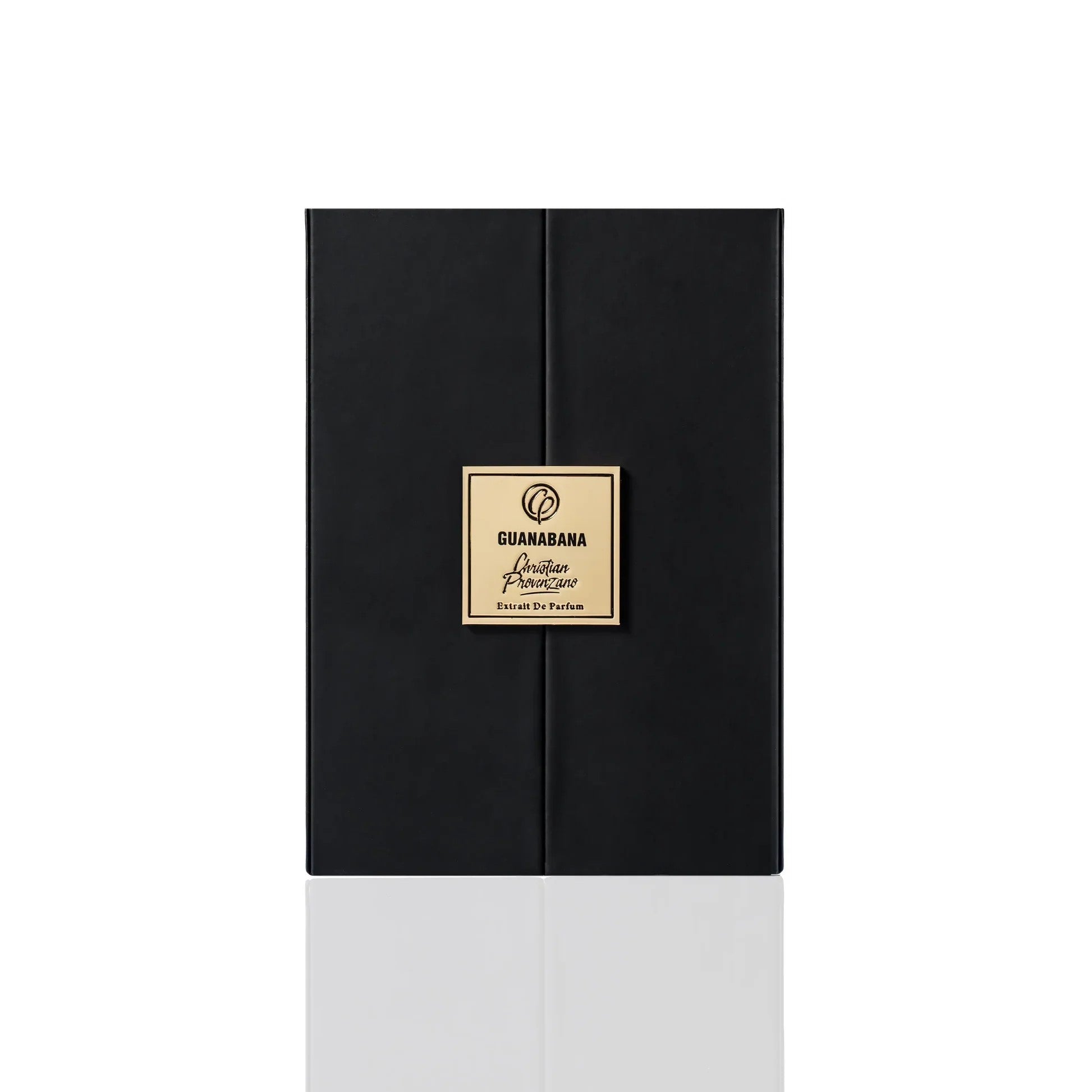 A sleek black box with a gold square label reading "Guanabana Extrait de Parfum - Christian Provenzano" sits against a plain white background, reflecting the fragrance's elegant, Oriental Spicy character.