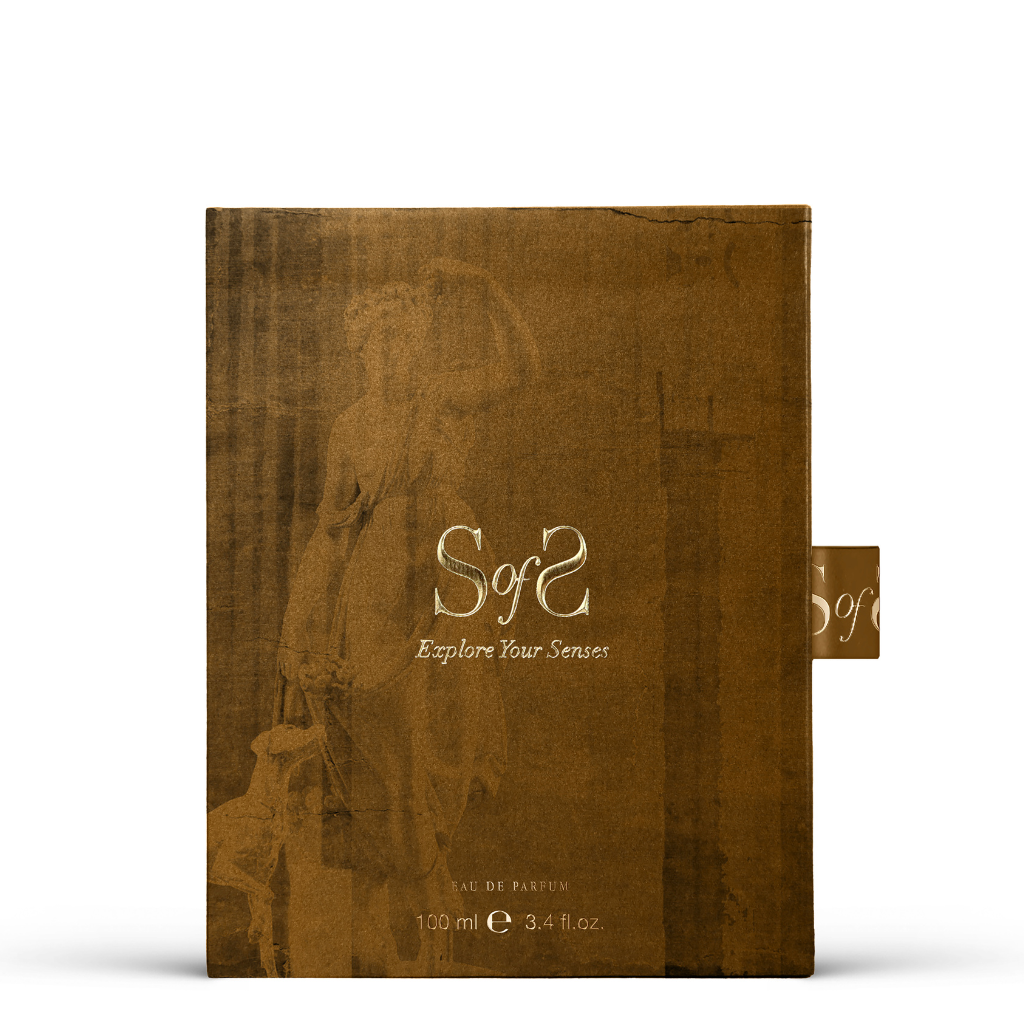 Brown rectangular GOD SAVE THE QUEEN Eau de Parfum box by Sense of Scent features a faint vintage statue image and "So2S Explore Your Senses" in white and gold, evoking British elegance. A small pull tab is on the right side.