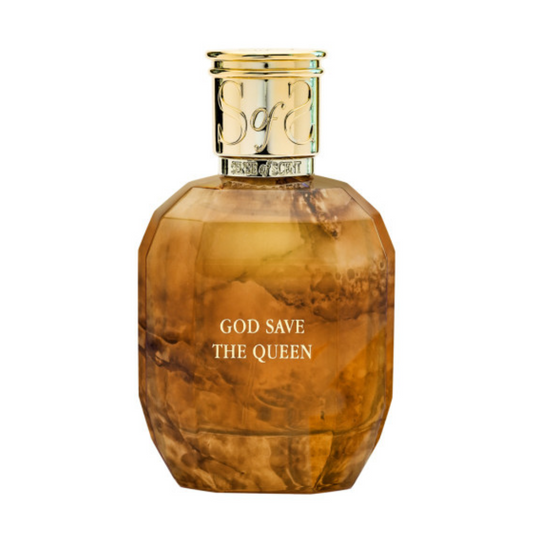 The GOD SAVE THE QUEEN Eau de Parfum by Sense of Scent features a faceted amber bottle with a gold cap and white lettering, capturing British sophistication and timeless elegance.