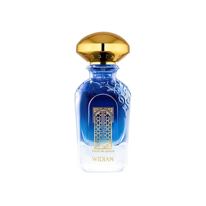 The Granada Extrait de Parfum by Fragrapedia Haus features a blue and clear glass bottle with gold accents and an ornate gold cap, labeled WIDIAN, embodying the allure of Chilli Woods against a white backdrop.