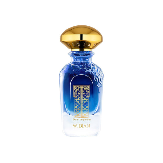 The Granada Extrait de Parfum by Fragrapedia Haus features a blue and clear glass bottle with gold accents and an ornate gold cap, labeled WIDIAN, embodying the allure of Chilli Woods against a white backdrop.