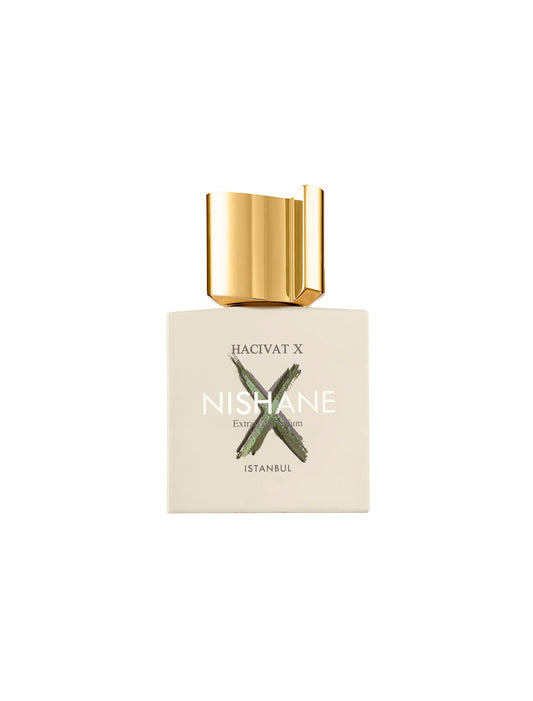 A square cream-colored Hacivat X Extrait de Parfum bottle by Fragrapedia Haus features a large gold cap and bold green X, with "Istanbul" near the bottom, reflecting this modern chypre fragrance’s elegance.