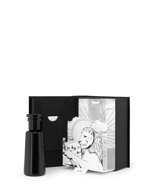 "Hero" Eau de parfum by Argentum Black bottle and packaging with Lion and Sword illustration on a white background