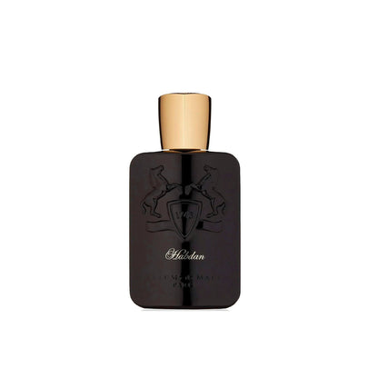A dark, rectangular bottle with a gold cap shows two embossed horses rearing by a shield marked 1743. Habdan Eau de Parfum by Parfums de Marly is an amber vanilla fragrance, as indicated on the front.