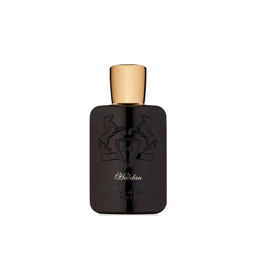 A dark, rectangular bottle with a gold cap shows two embossed horses rearing by a shield marked 1743. Habdan Eau de Parfum by Parfums de Marly is an amber vanilla fragrance, as indicated on the front.