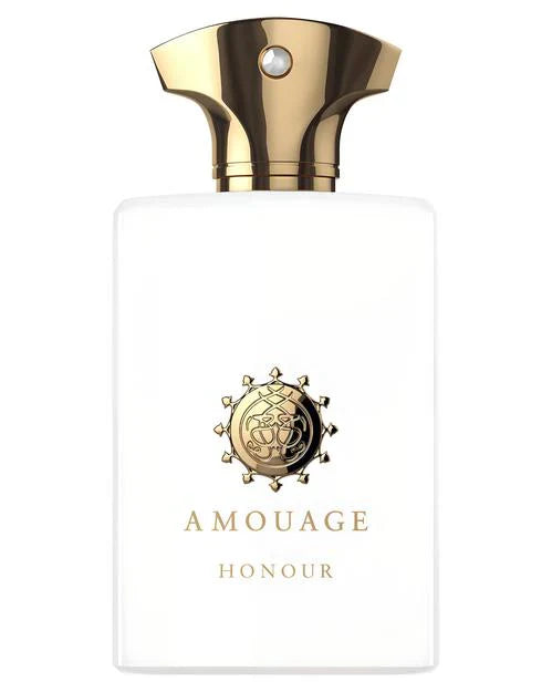 A white Honour Man Eau de Parfum bottle by Fragrapedia Haus, with a gold cap and emblem, displays AMOUAGE HONOUR in gold text and captures a spicy woody scent with patchouli, frankincense, and cedarwood notes.