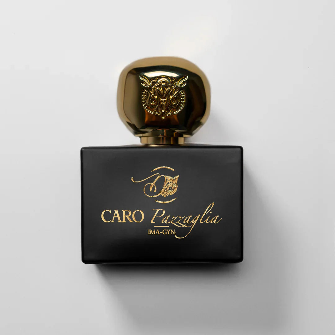 Black and gold lettering  fragrance boxttle on white background brand Caro Pazzaglia IMA-GYN Perfume Extract