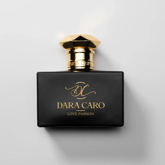 fragrance bottle on white background .Black and gold cap & lettering  brand Dara Caro LOVE PASSION