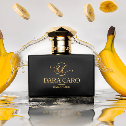 fragrance bottle  on white background .Black and gold cap & lettering  brand Dara Caro Banaoud