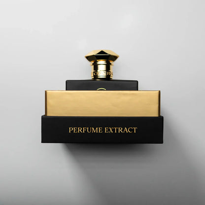 Black and gold lettering  fragrance box on white background brand Dara Caro  Perfume Extract