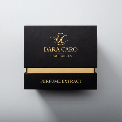 Black and gold words Dara Caro  Fragrances Perfume Extract fragrance box on white background 