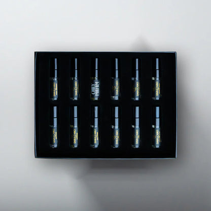 Set of eight small bottles in a black box on a light gray background