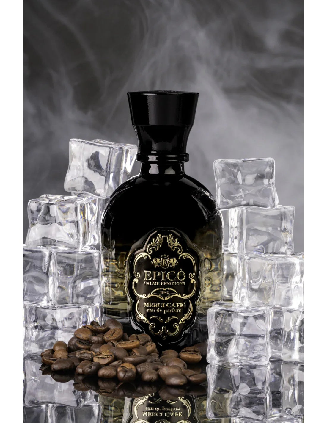 A dark, ornate EPICO Merci Café Eau de Parfum bottle is surrounded by coffee beans and stacked ice cubes, swirling mist in the background suggesting a rich, spicy unisex fragrance.