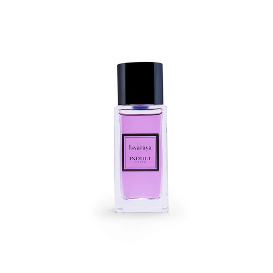 A clear rectangular perfume bottle with purple liquid, black cap, and a label reading "Isvaraya Eau de Parfum - Indult" by Fragrapedia Haus, featuring Indian plum and jasmine Sambac notes, set against a plain white background.
