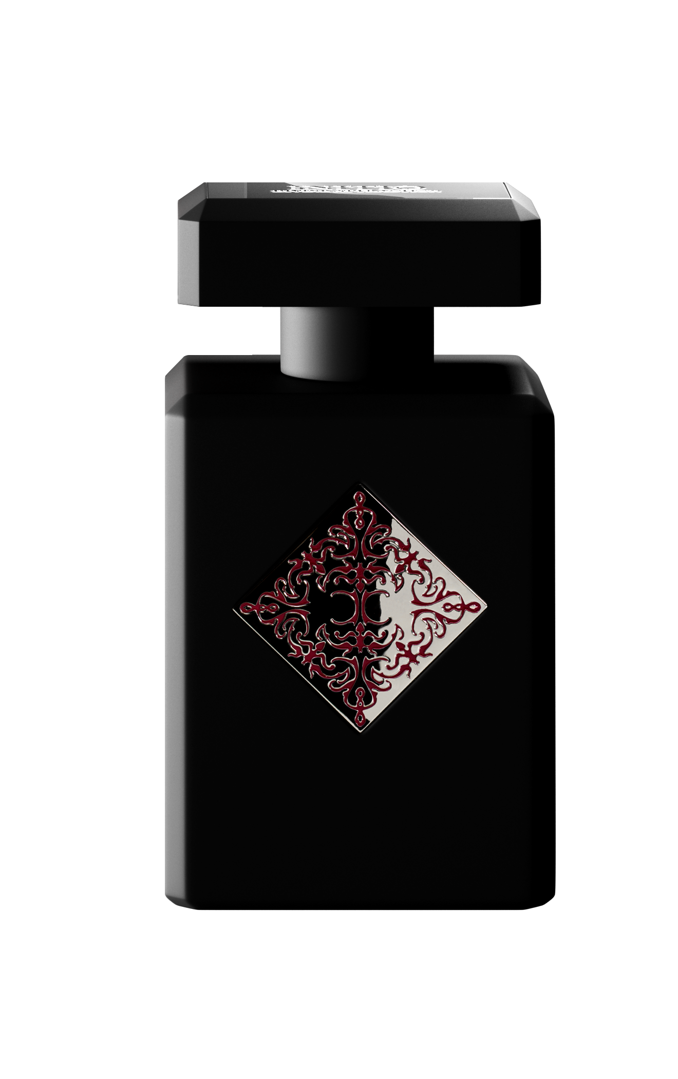 The INITIO Addictive Vibration Eau de Parfum features a black rectangular bottle with a square black cap and an ornate red and silver pattern on the front, set against a white background, hinting at musky notes.