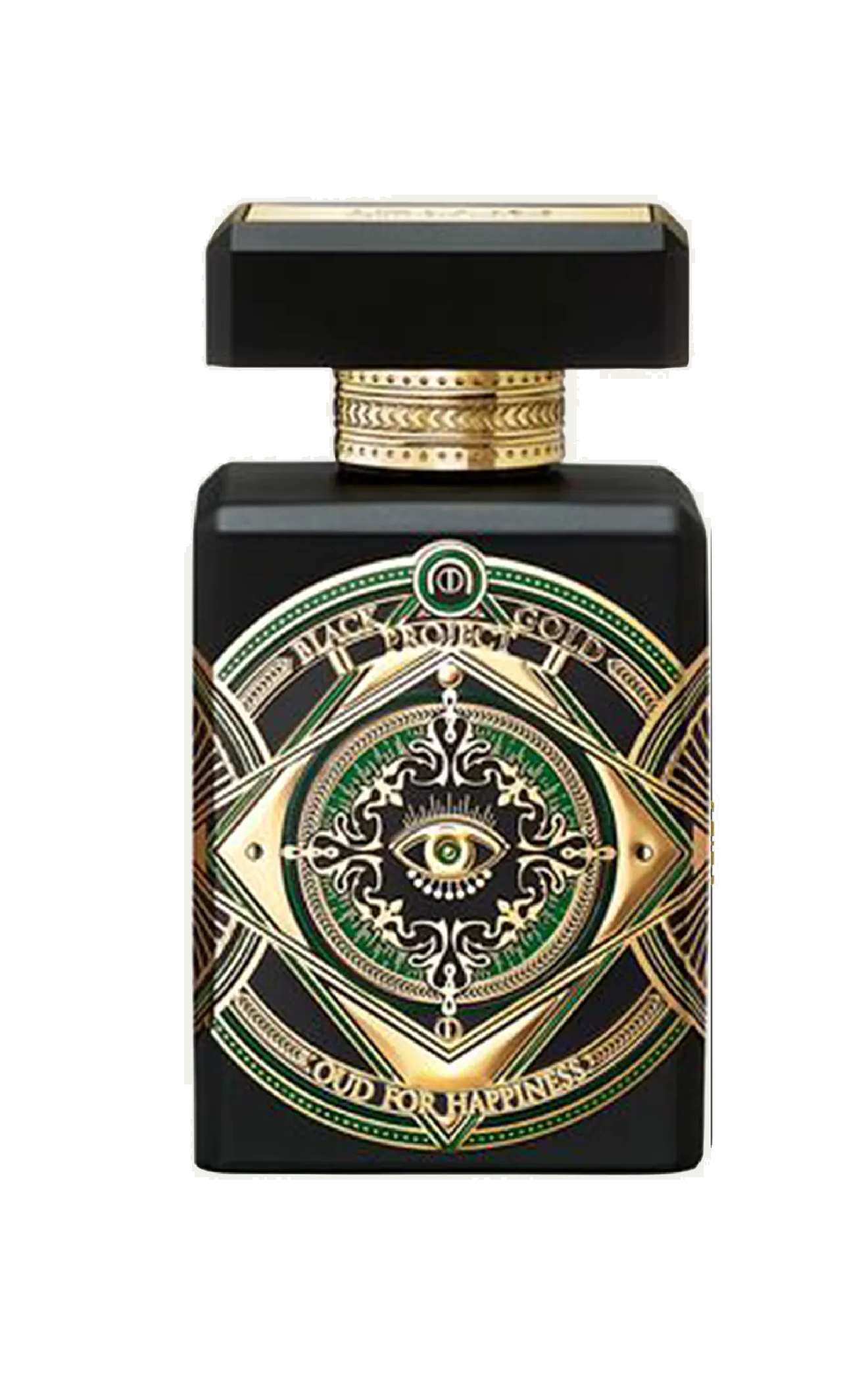 A black perfume bottle with gold and green ornate designs, an eye motif, and "Oud For Happiness" near the base. This woody spicy Eau de Parfum by INITIO has a square black cap with gold accents.