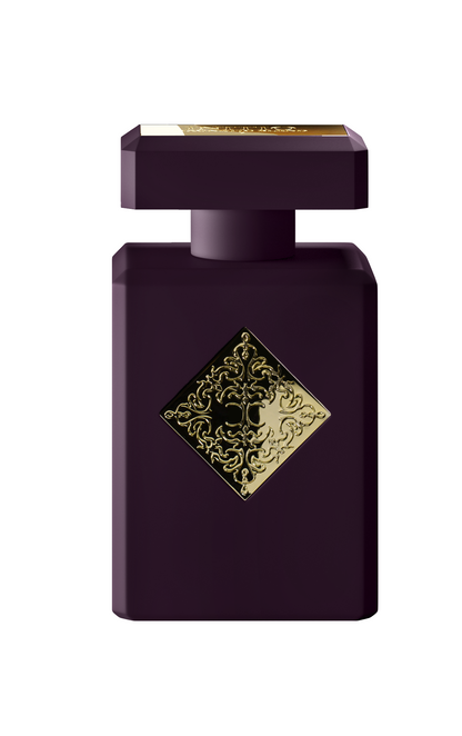 A dark purple rectangular bottle with a square cap and gold ornate design on a diamond label, Psychedelic Love Eau de Parfum by INITIO is the perfect floral fragrance for scent lovers, presented against a white background.