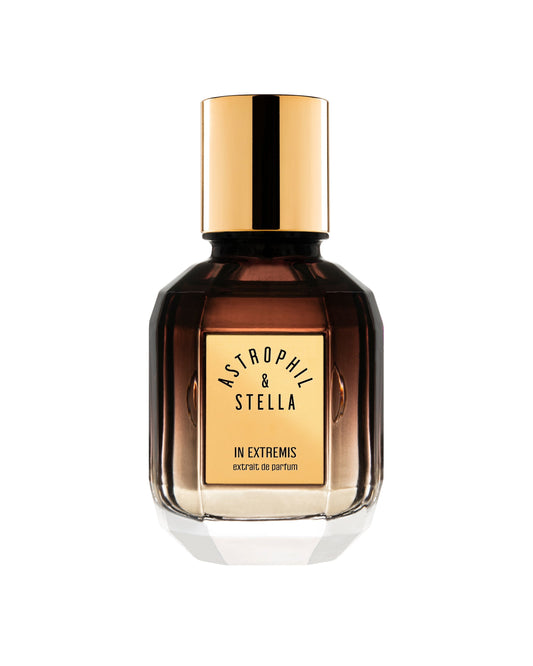 Bottle of fragrance with the words In Extremis Extrait De Parfum by Astrophil & Stella