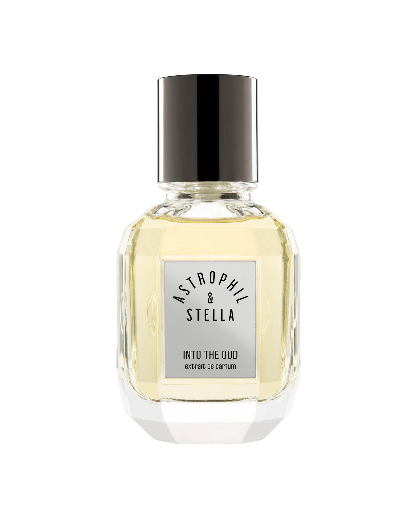 Bottle of fragrance with the words Into the Oud Extrait De Parfum by Astrophil & Stella