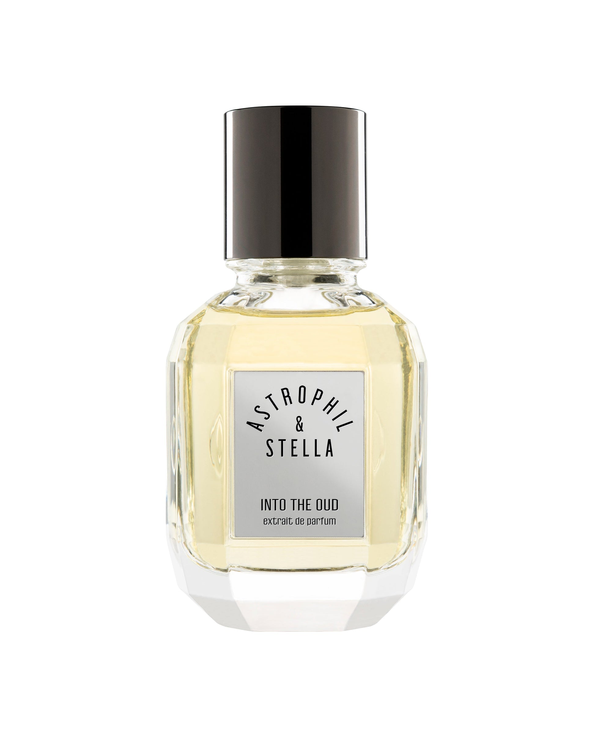 Bottle of fragrance with the words Into the Oud Extrait De Parfum by Astrophil & Stella