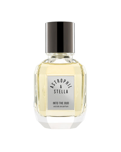 Bottle of fragrance with the words Into the Oud Extrait De Parfum by Astrophil & Stella