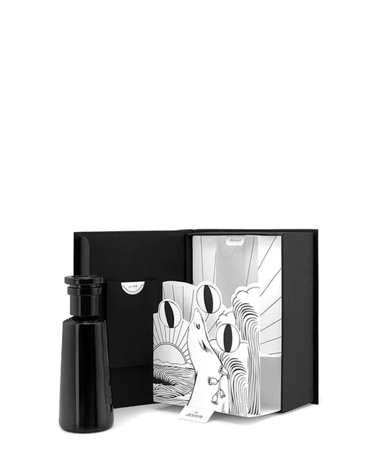 "Jester" Eau de parfum by Argentum Black bottle and packaging with  seal illustration on a white background