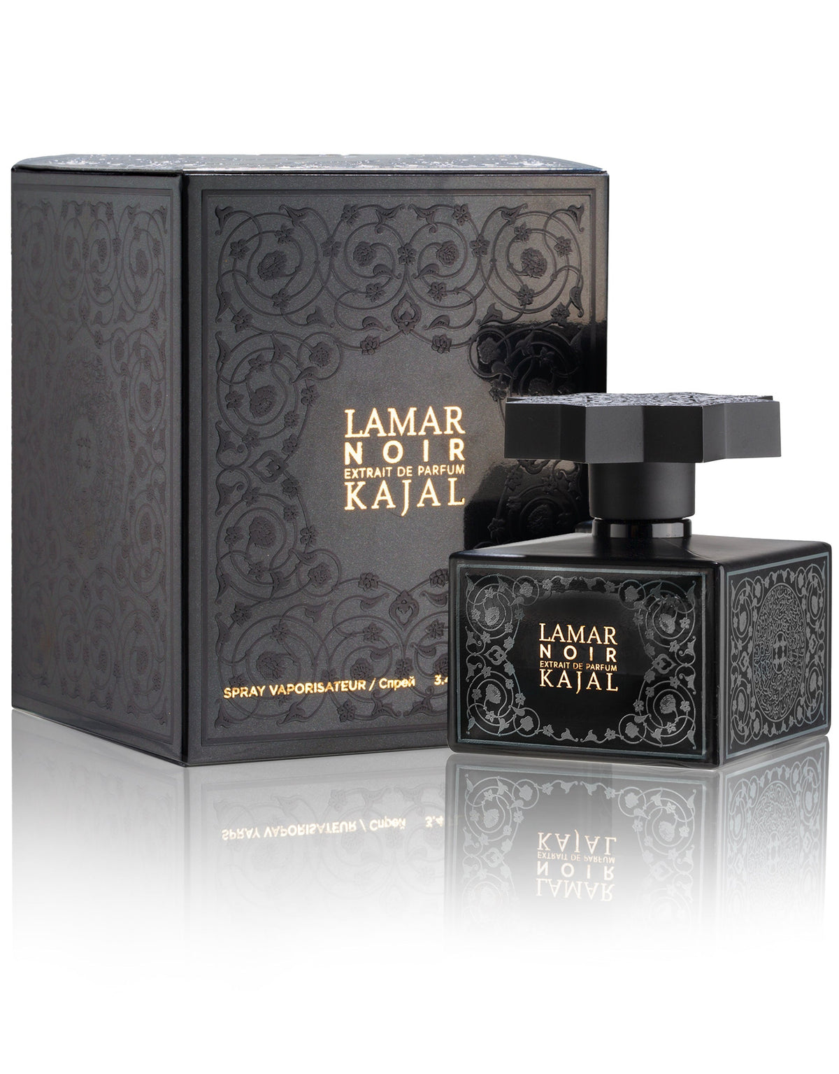 A black Lamar Noir Extrait de Parfum bottle by Kajal Perfumes Paris stands before a matching ornate black and gold box, both adorned with intricate patterns and elegant gold lettering.