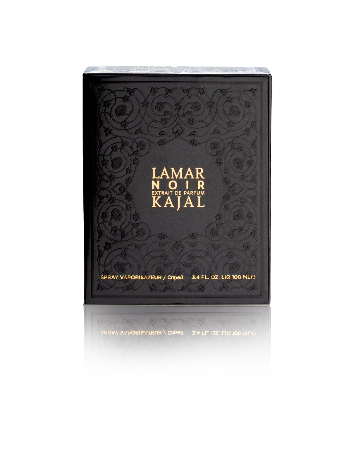 A black rectangular box with ornate patterns and gold text reading "Lamar Noir Extrait de Parfum - Kajal Perfumes Paris" on the front, evoking a transformative journey. Size: 3.4 FL OZ, 100 mL.