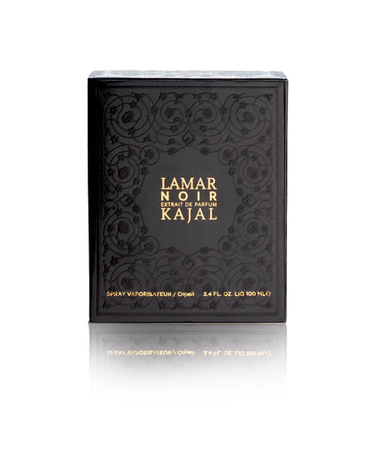 A black rectangular box with ornate patterns and gold text reading "Lamar Noir Extrait de Parfum - Kajal Perfumes Paris" on the front, evoking a transformative journey. Size: 3.4 FL OZ, 100 mL.