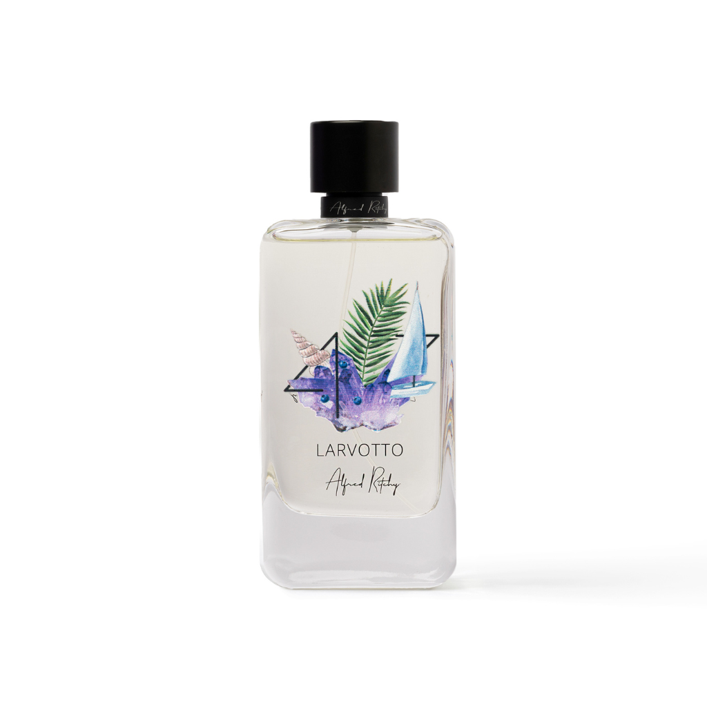 A clear 100ml perfume bottle with a black cap, adorned with a blue sailboat, purple flowers, and a green palm leaf. The label reads LARVOTTO Eau de Parfum - Alfred Ritchy, capturing the breezy charm of Larvotto Beach.
