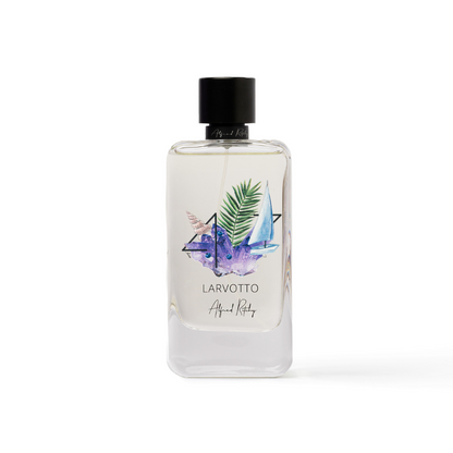 A clear 100ml perfume bottle with a black cap, adorned with a blue sailboat, purple flowers, and a green palm leaf. The label reads LARVOTTO Eau de Parfum - Alfred Ritchy, capturing the breezy charm of Larvotto Beach.