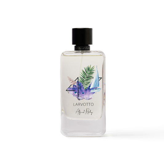 A clear 100ml perfume bottle with a black cap, adorned with a blue sailboat, purple flowers, and a green palm leaf. The label reads LARVOTTO Eau de Parfum - Alfred Ritchy, capturing the breezy charm of Larvotto Beach.