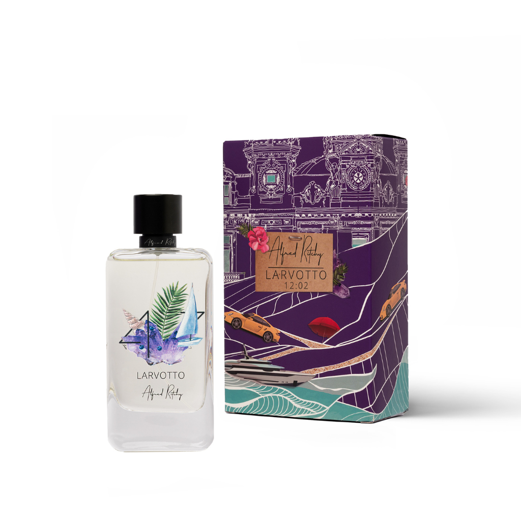 A 100ml clear glass bottle of LARVOTTO Eau de Parfum by Alfred Ritchy, featuring leafy and fish designs, stands next to a vibrant box with cars, buildings, and waves on purple—capturing the lively energy of Larvotto Beach.